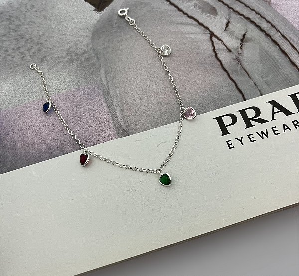 Pulseira com Zircônias de Coração Coloridas Prata 925