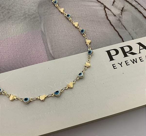 Choker Coração com Olho Grego Folheado a Ouro