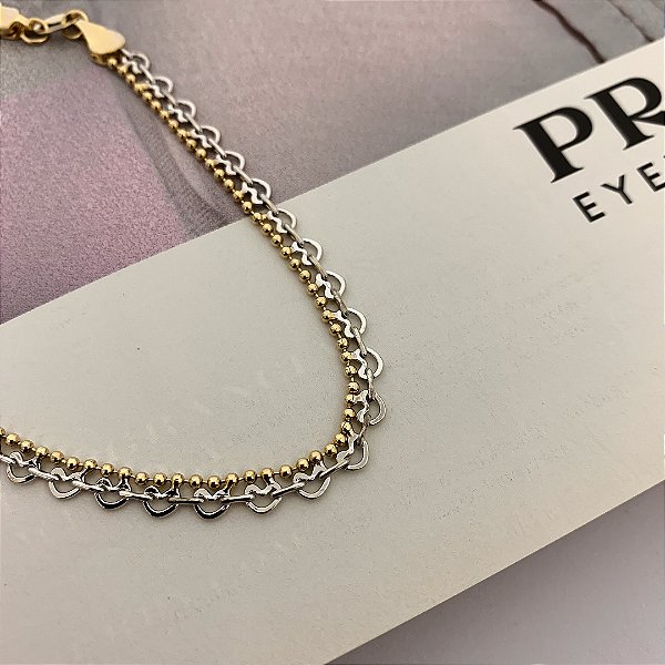 Pulseira Corações no Ródio Branco com Bolinhas Folheada a Ouro