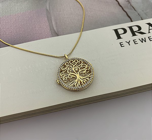 Colar Relicário Árvore da Vida Cravejado Folheado a Ouro