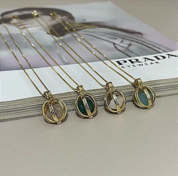 Colar Relicário Hooponopono com Pedra Natural Folheado a Ouro