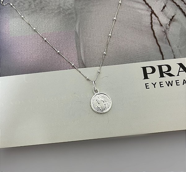 Colar Veneziana Bolinhas com Pingente São Bento 70cm Prata 925