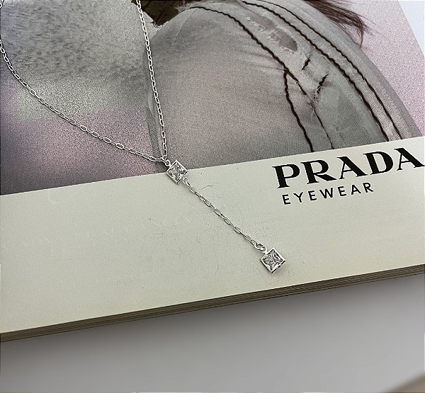 Colar Gravata com Zircônias Quadradas Prata 925