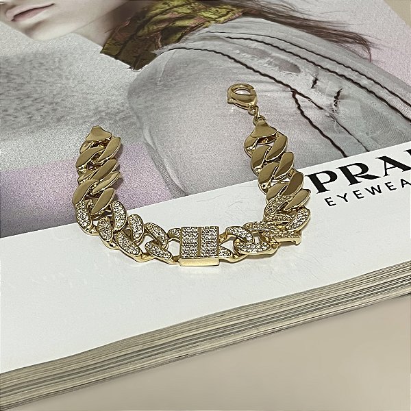 Pulseira Elo Grumet de Cravejada em Microzircônias Folheada a Ouro