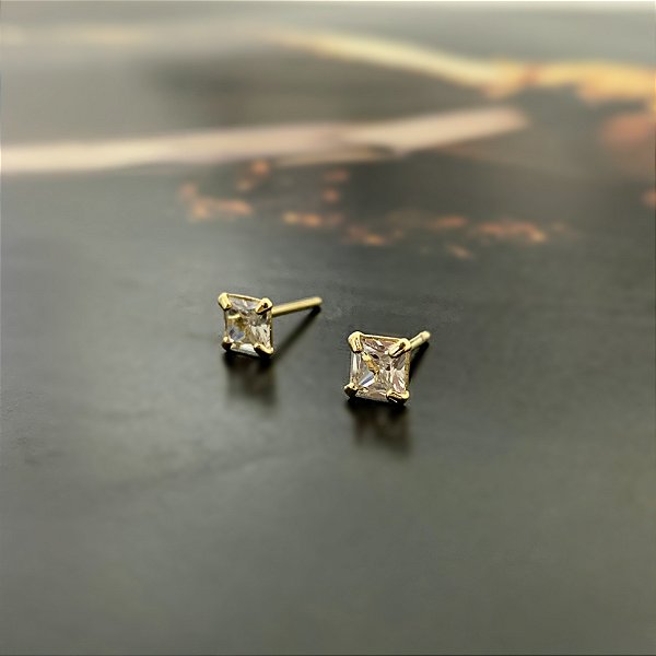 Brinco Ponto de Luz (P) com Pedra de Zircônia Quadrada Folheado a Ouro