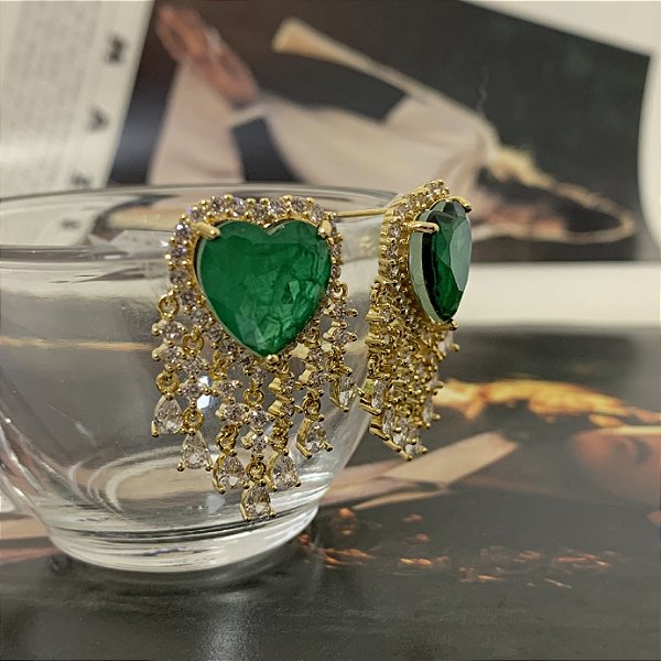 Brinco Coração Zircônia Fusion com Franjas Folheado a Ouro