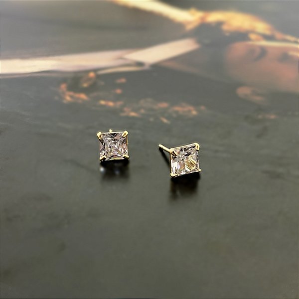 Brinco Ponto de Luz (G) com Pedra de Zircônia Quadrada  Folheado a Ouro