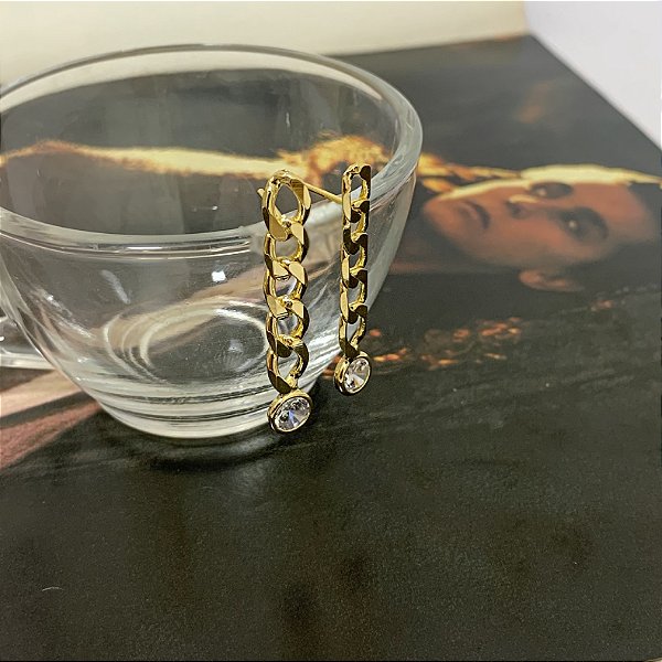 Brinco de Corrente Grumet com Pedra de Zircônia Folheado a Ouro