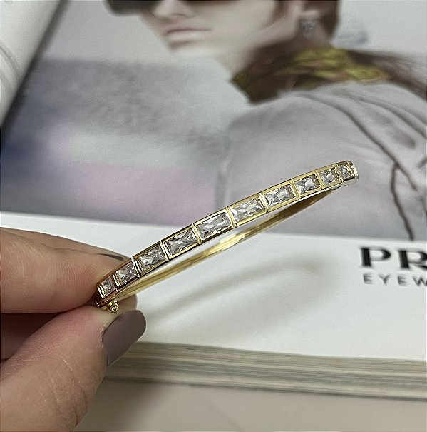 Bracelete com Zircônias Quadradas Folheado a Ouro