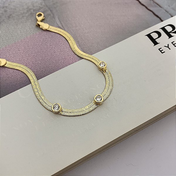 Pulseira de Fita Laminada com Zircônias Folheada a Ouro