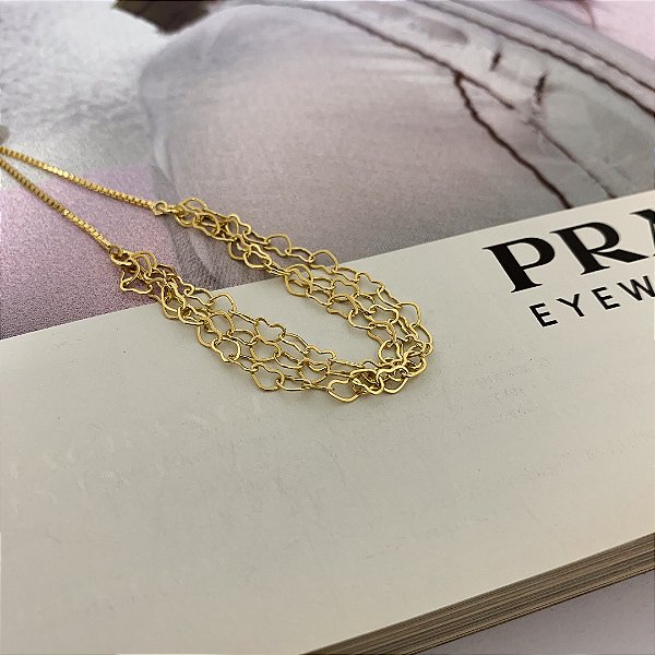 Pulseira Corrente Tripla Elo de Coração Ajustável Folheada a Ouro