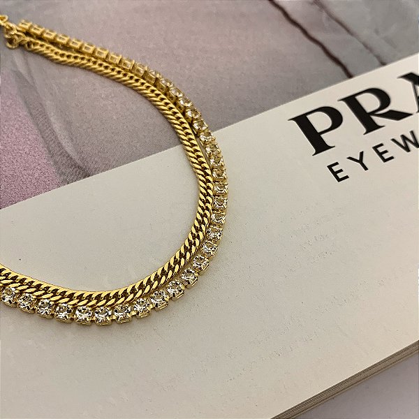 Pulseira Corrente Dupla Riviera e Grumet Folheada a Ouro