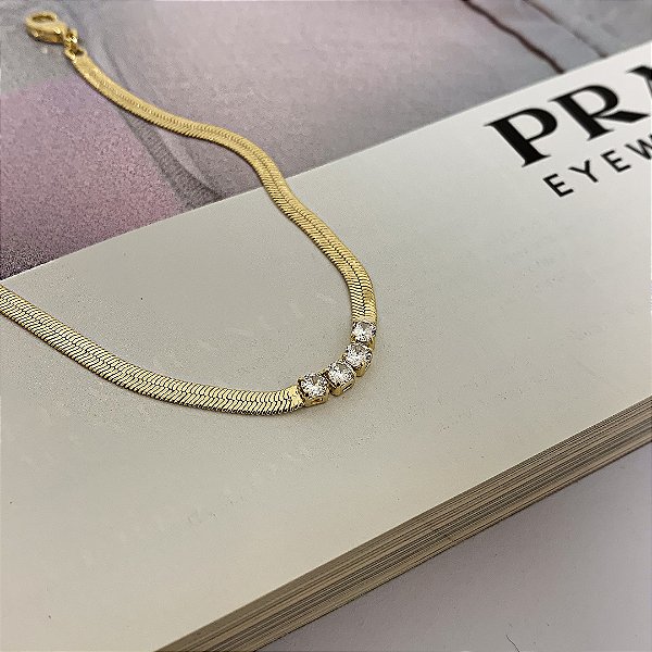 Pulseira de Fita Laminada com Zircônias Folheada a Ouro