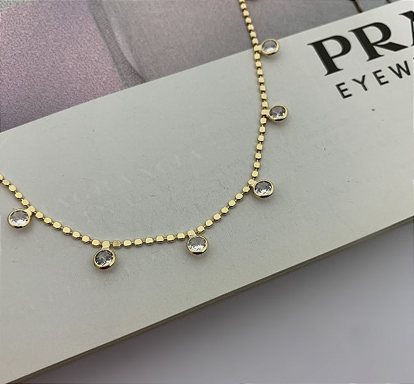 Colar Bolinhas Achatadas Cravejado com Zircônias Folheada a Ouro