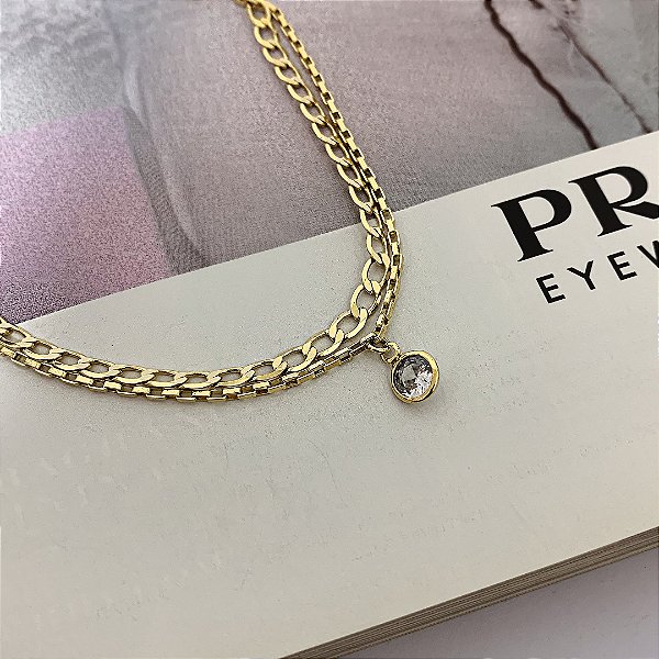 Pulseira Corrente Dupla com Ponto de Luz Folheada a Ouro