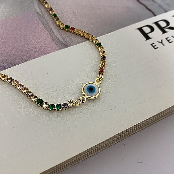 Pulseira Riviera Colorida com Olho Grego Folheada a Ouro