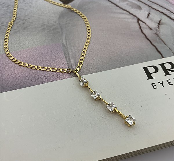 Colar Gravata Cravejado com Zircônias Folheado a Ouro