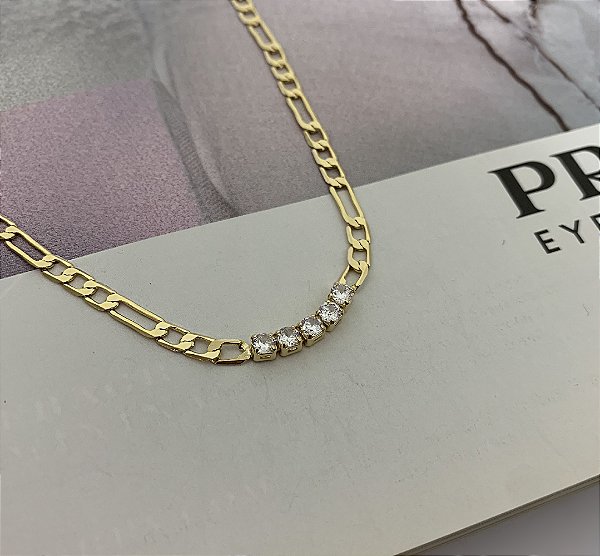 Choker Corrente Elo 3x1 Cravejada com Zircônias Folheado a Ouro