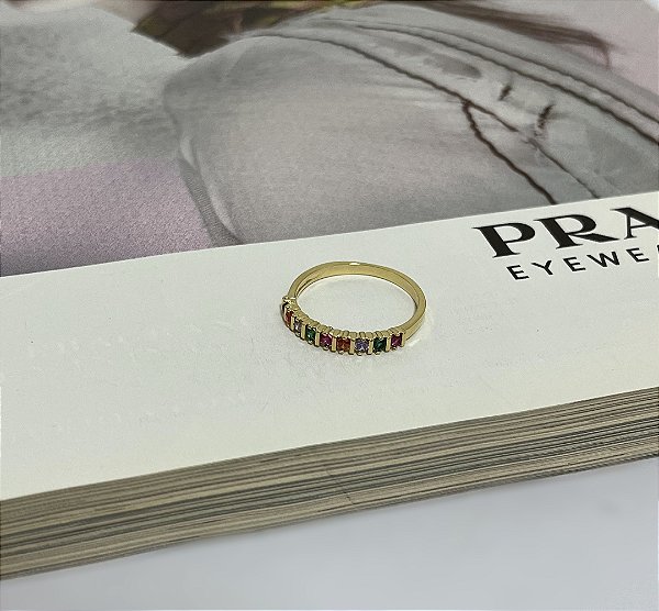 Anel Aparador com Pedras Coloridas Folheado a Ouro