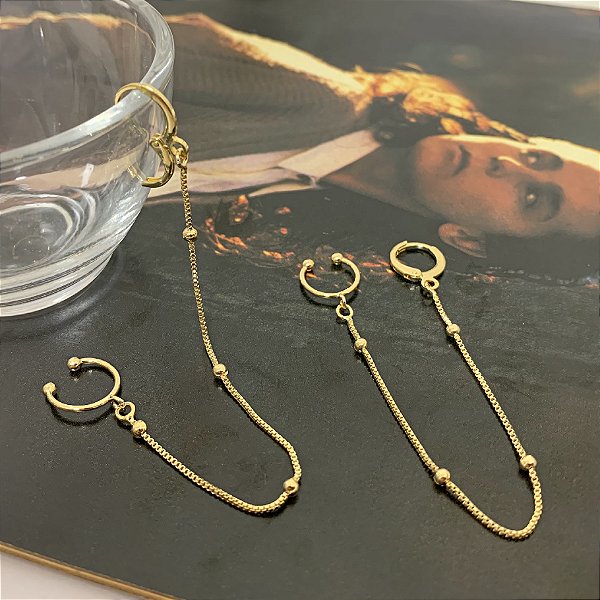 Argola Ear Line Corrente Veneziana de Bolinha Folheada a Ouro