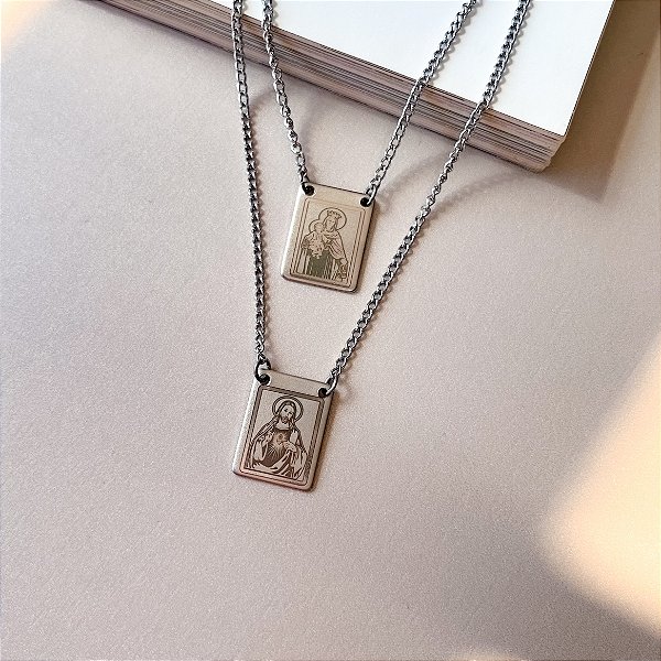 Escapulário Nossa Senhora do Carmo Desenhado a Laser em Aço Inox