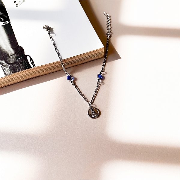 Pulseira Feminina com Medalha de Nossa Senhora Aparecida e Pedras Azuis em Aço Inox