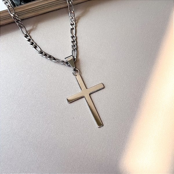 Corrente Masculina Elo 3x1 com Cruz em Aço Inox 60cm