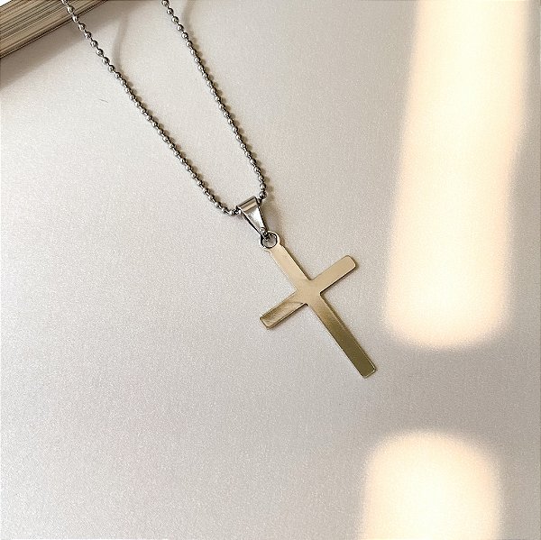 Corrente Masculina de Bolinha com Cruz em Aço Inox 60cm