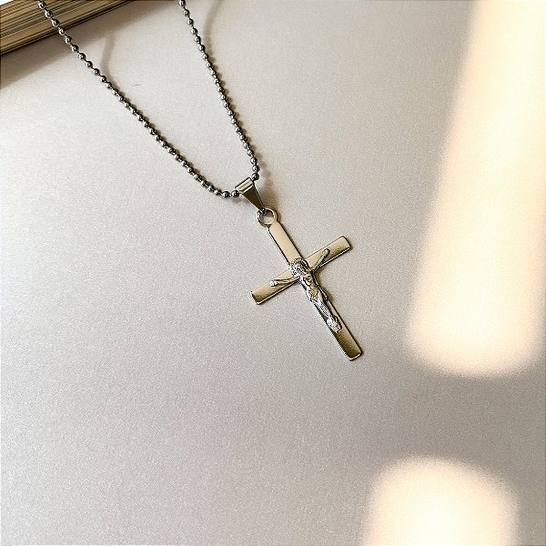 Corrente Masculina de Bolinha com Jesus Crucificado em Aço Inox 60cm