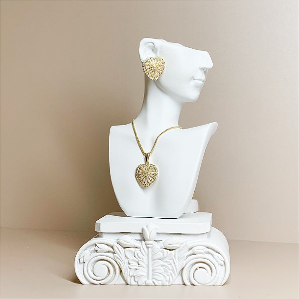 Conjunto Coração Cravejado Folheado a Ouro