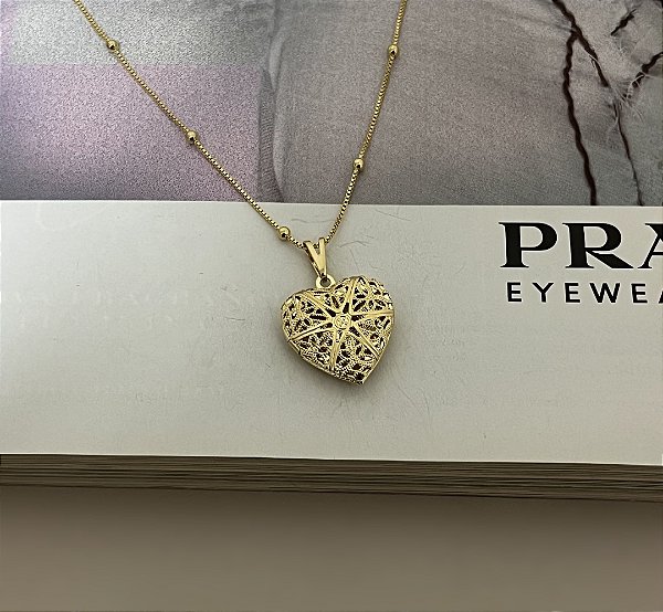 Colar Veneziana com Bolinhas 70cm com Pingente Relicário de Coração Folheado a Ouro