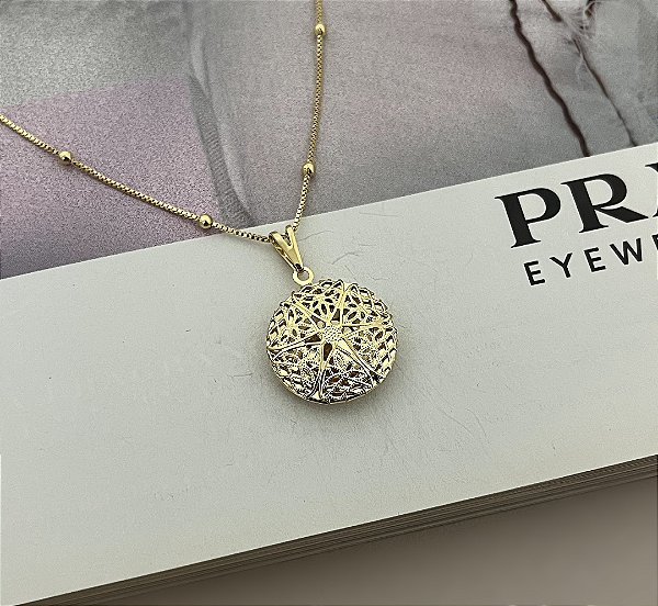 Colar Veneziana com Bolinhas 70cm com Pingente Relicário Redondo Folheado a Ouro