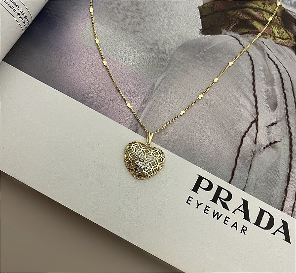 Colar Corações 70cm com Pingente com Espírito Santo Cravejado Folheado a Ouro