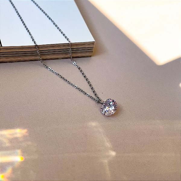 Colar Ponto de Luz com Pedra de Zircônia 10mm em Aço Inox