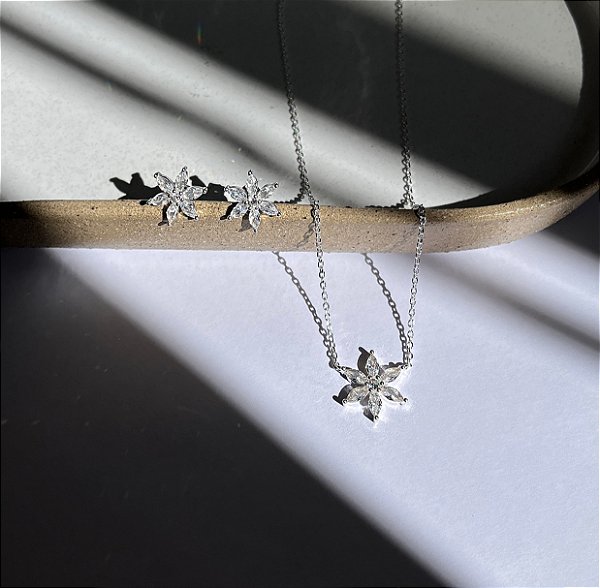 Conjunto de Flor Cristal em Prata 925
