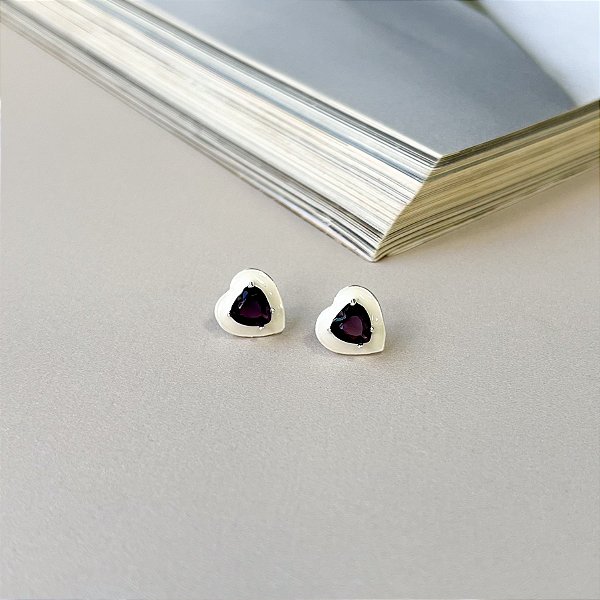 Brinco de Coração Resinado com Pedra de Zircônia em Prata 925 - BRANCO ROXO