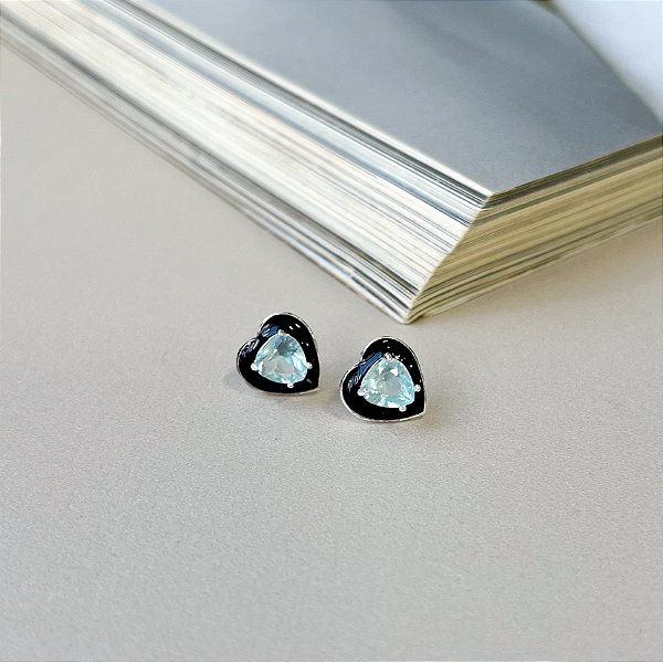 Brinco de Coração Resinado com Pedra de Zircônia em Prata 925 - PRETO AZUL
