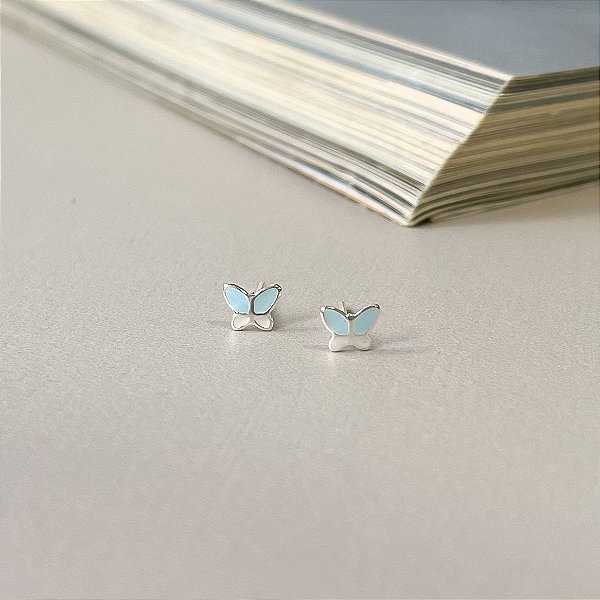 Brinco de Borboleta Resinada em Prata 925 - AZUL BRANCO
