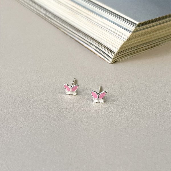 Brinco de Borboleta Resinada em Prata 925 - ROSA BRANCO