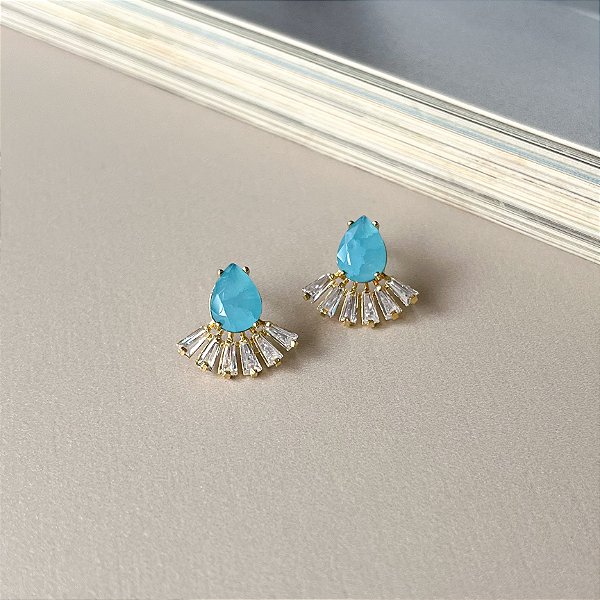 Brinco Leque com Zircônia Fusion Folheado a Ouro - Azul