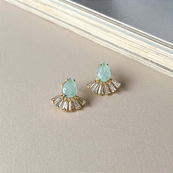 Brinco Leque com Zircônia Fusion Folheado a Ouro - Azul Claro