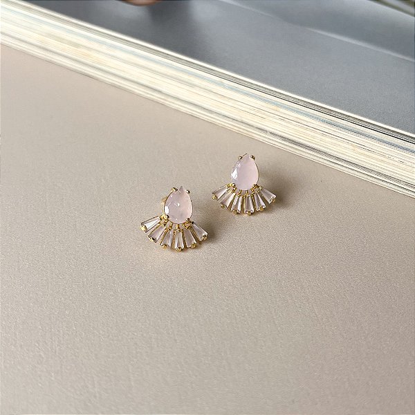 Brinco Leque com Zircônia Fusion Folheado a Ouro - Rosa