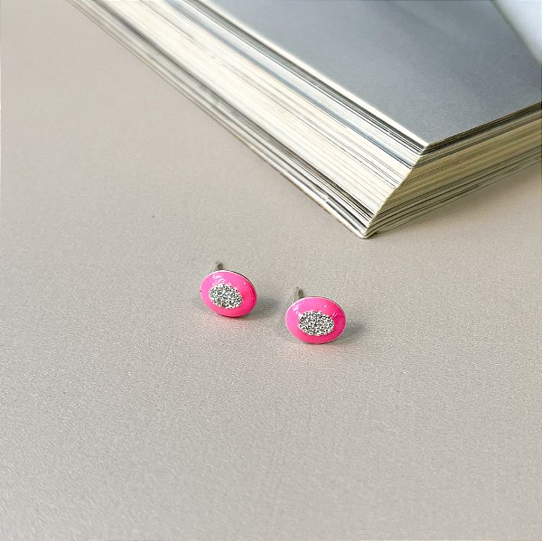 Brinco Oval Resinado Cravejado com Microzircônias em Prata 925 - ROSA