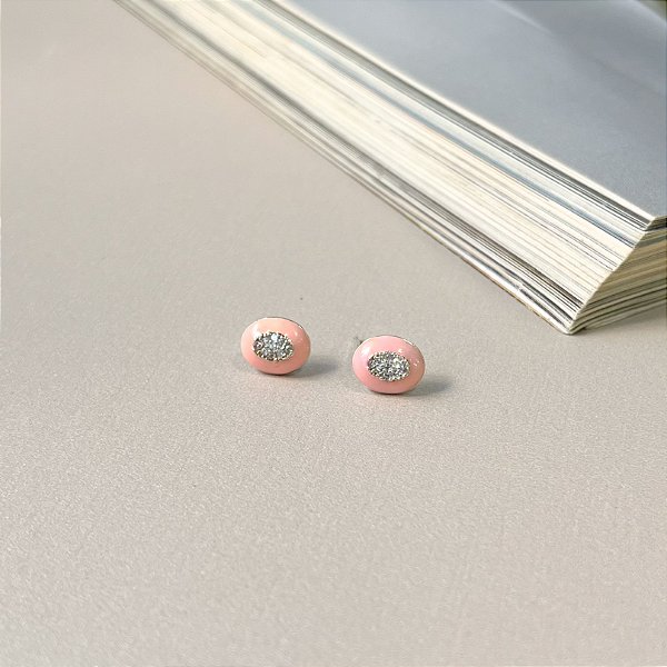 Brinco Oval Resinado Cravejado com Microzircônias em Prata 925 - ROSA CLARO