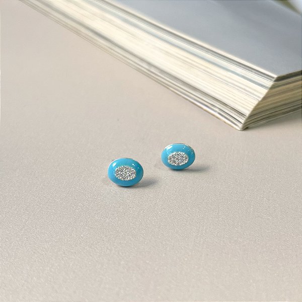 Brinco Oval Resinado Cravejado com Microzircônias em Prata 925 - AZUL