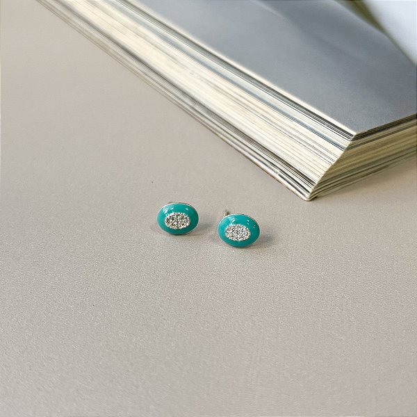 Brinco Oval Resinado Cravejado com Microzircônias em Prata 925 - VERDE ÁGUA