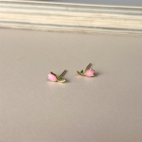 Brinco Flor Resinada Folheada a Ouro - ROSA CLARO