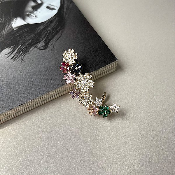 Brinco Ear Cuff Flores Cravejadas Microzircônias Folheado