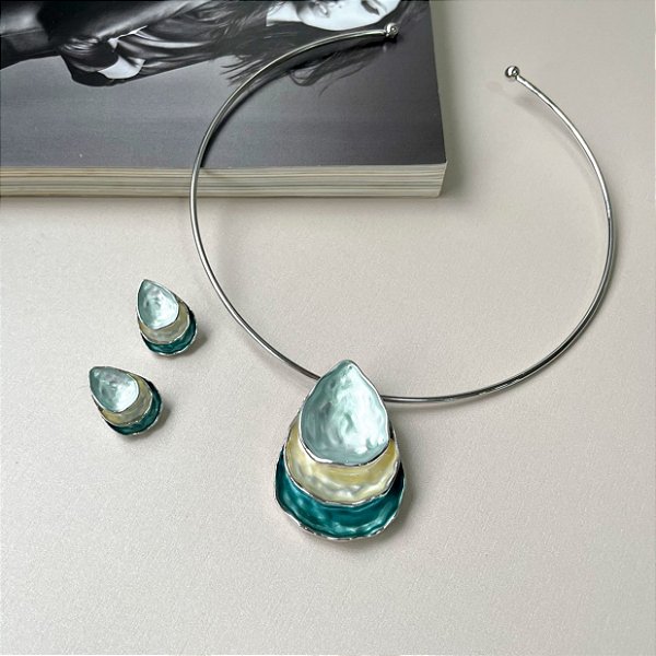 Conjunto Choker de Aro e Brinco Gota Azul Folheado no Ródio