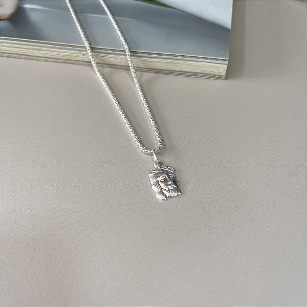 Colar Pipoca com Pingente com a Face de Cristo em Prata 925
